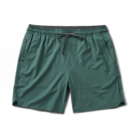 Front view of forest green Roark shorts with a drawstring waist and side pockets, ideal for comfort and active wear.